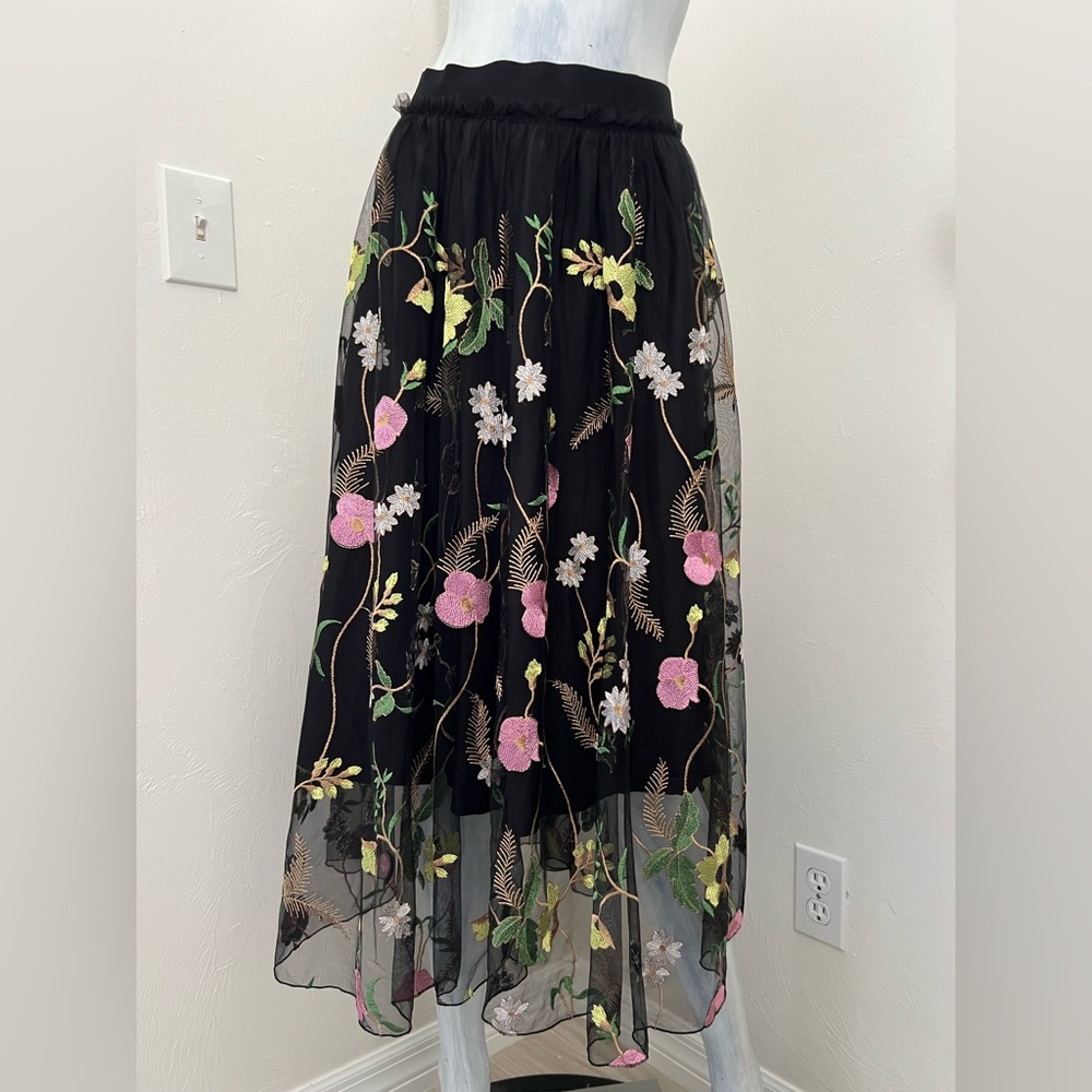 H&M Skirt Womens 6 Black Mesh Floral Embroidery Small Boho Cottagecore Coquette